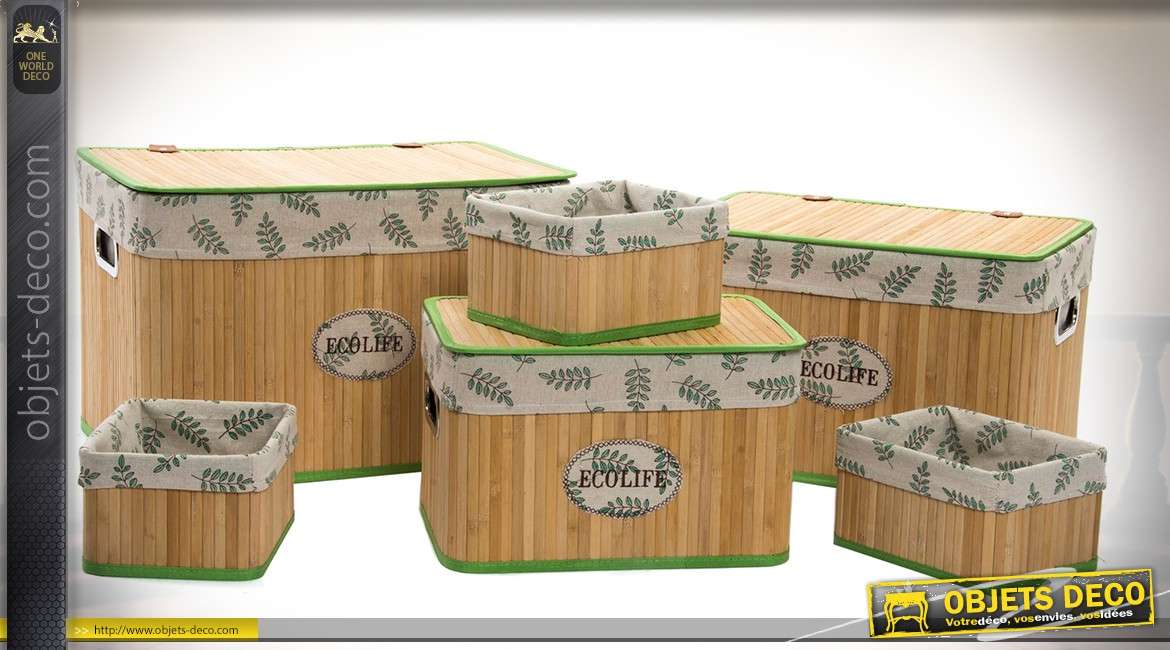 Set de 6 corbeilles en bambou naturel doublures tissu à motifs de feuilles vertes