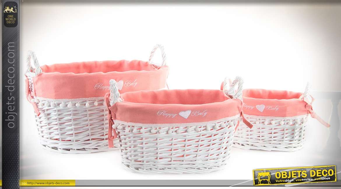 Série de 3 corbeilles style romantique osier blanc doublures en tissu rose