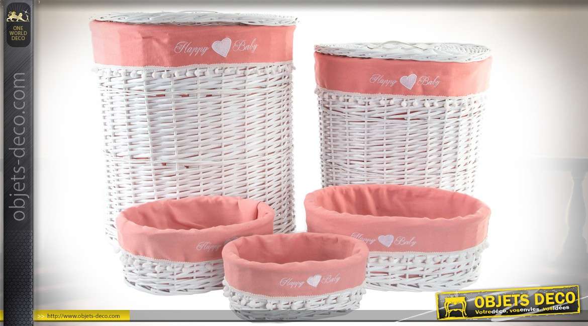 Série de 5 paniers ovales en osier blanc avec housses intérieures coloris rose