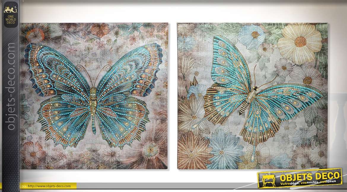 Série de 2 tableaux sur toile, papillons en perles acryliques coloris turquoise