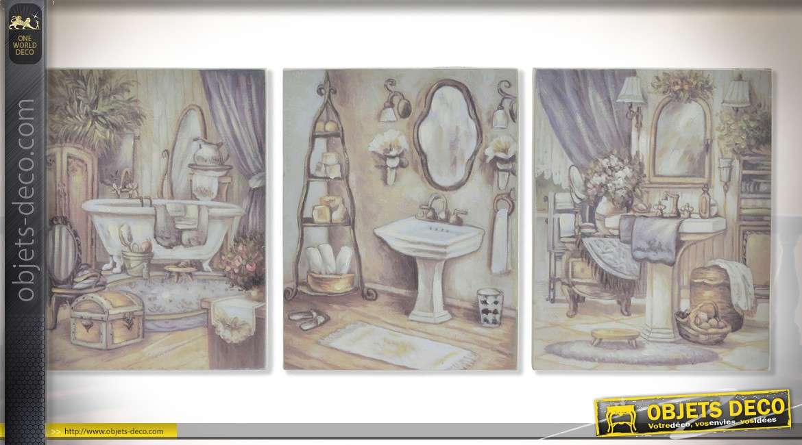 Série de trois tableaux sur bois illustrations rétro de salles d'eaux 25 x 20 cm