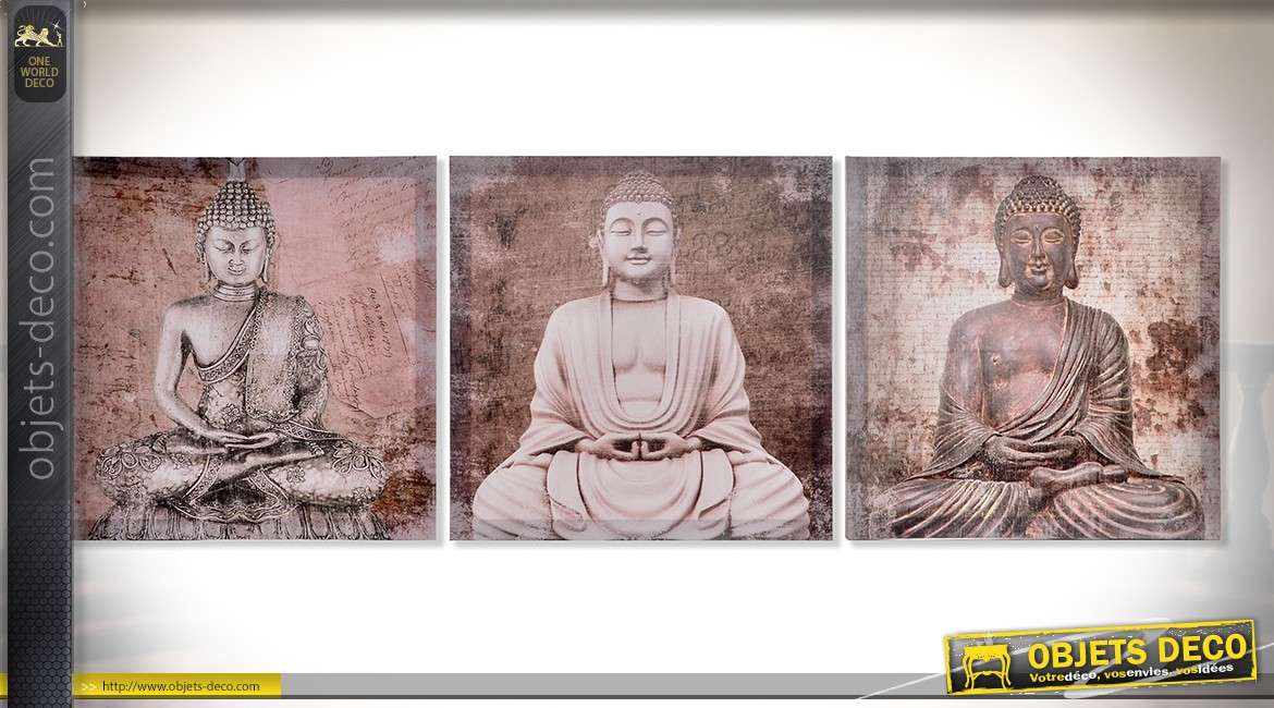 Série de trois tableaux sur toiles : bouddhas teinte ocre rouge effet vieilli 40 x 40 cm