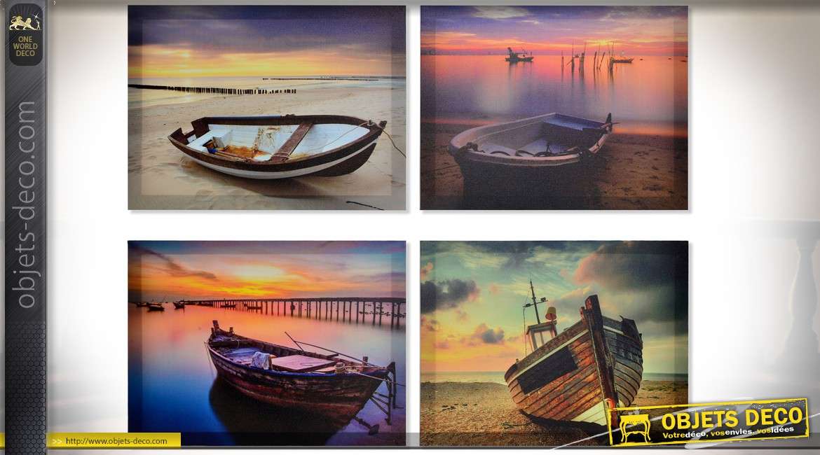 Série de 4 tableaux sur toile : bateaux en bordure de plage 40 x 30 cm