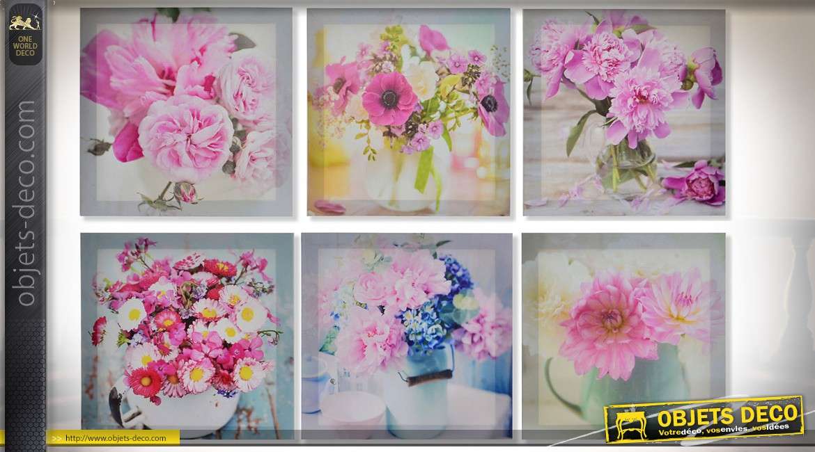 Série de 6 tableaux sur toile à motifs de bouquets de fleurs roses 28 x 28 cm