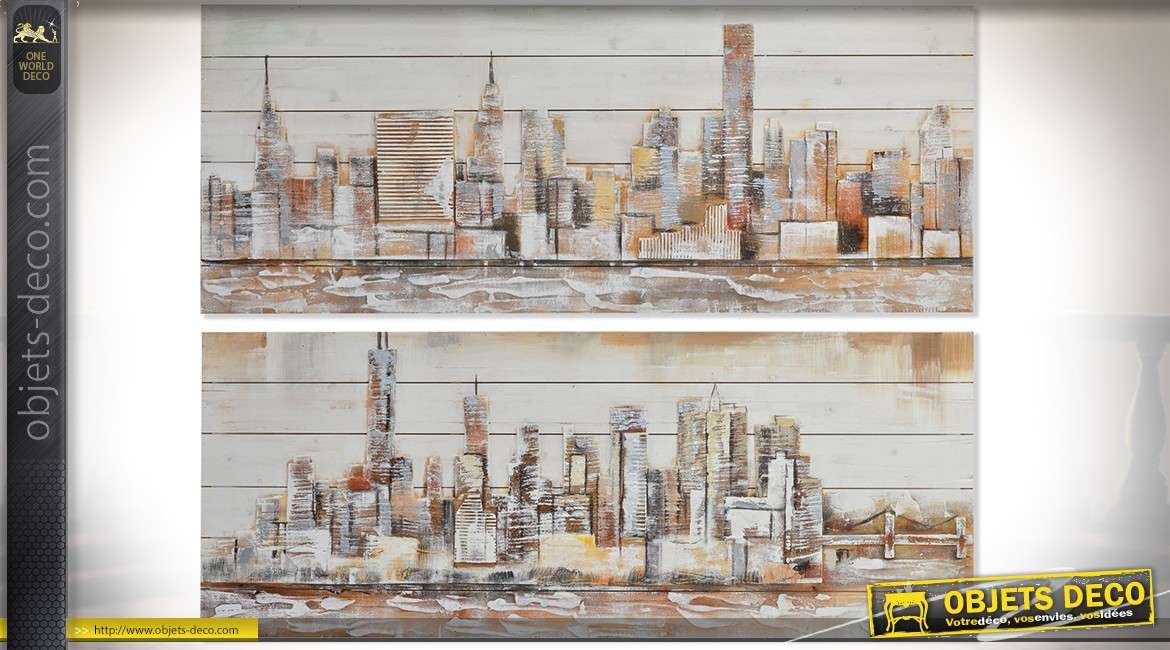 Duo de tableaux sur toile peints à la main thème skyline New-York 150 x 60 cm