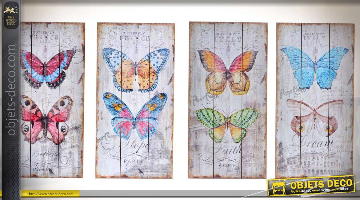 Série de 4 panneaux en bois déco murale de style rétro à motifs de papillons