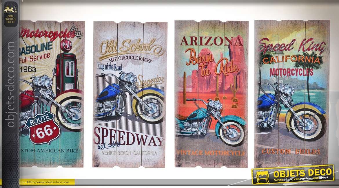 Série de 4 décorations murales en bois de style vintage vielles motos US 60 x 30 cm