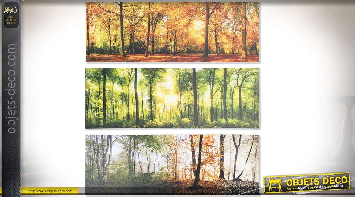 Série de trois tableaux panoramiques sur toiles 90 x 30 forêts et sous-bois