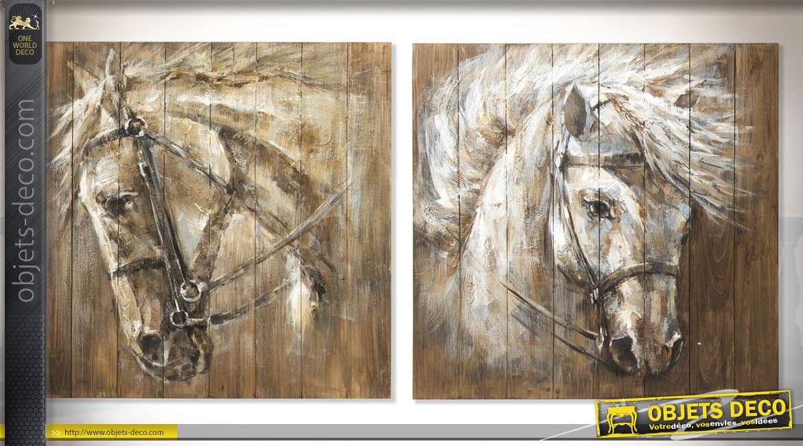 Duo de tableaux peints sur bois : têtes de cheval 80 x 80 cm