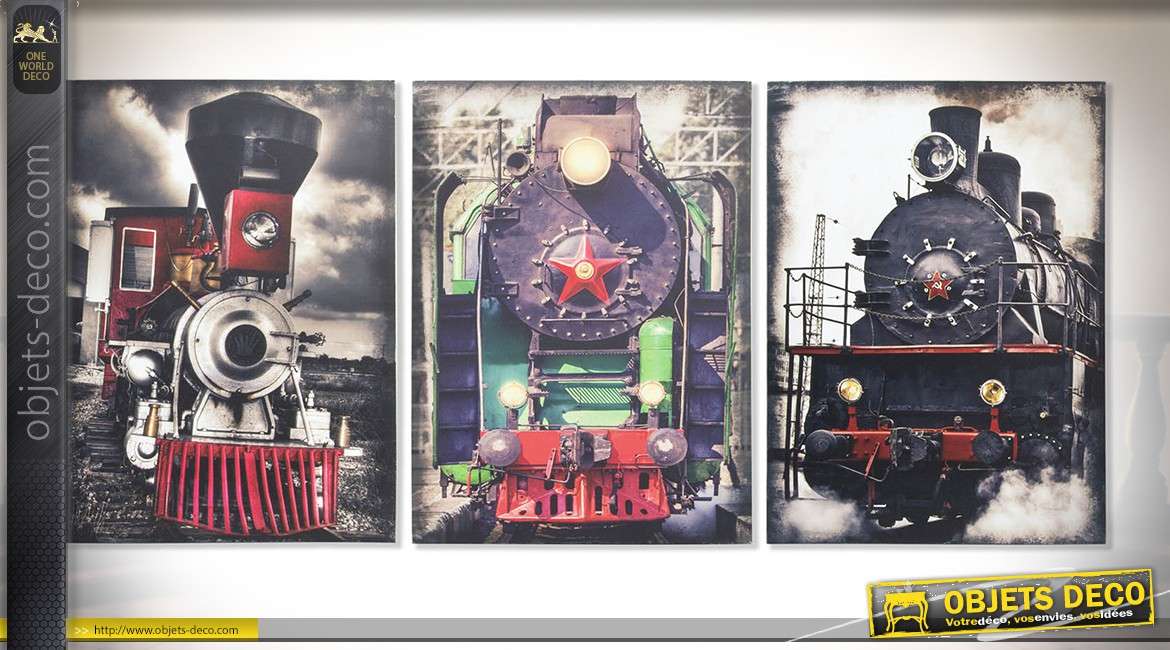 Série de 3 tableaux sur toiles 70 x 50 cm : illustrations de locomotives à vapeur