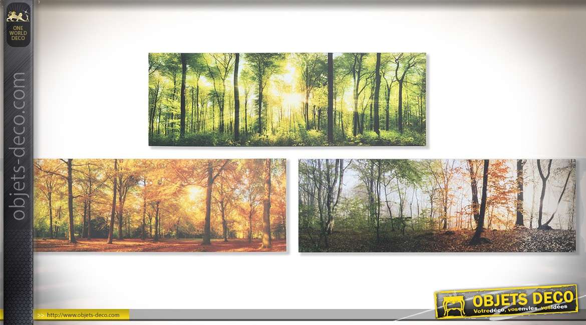 Série de 3 tableaux sur toiles : paysages forestiers et saisons 90 x 30 cm