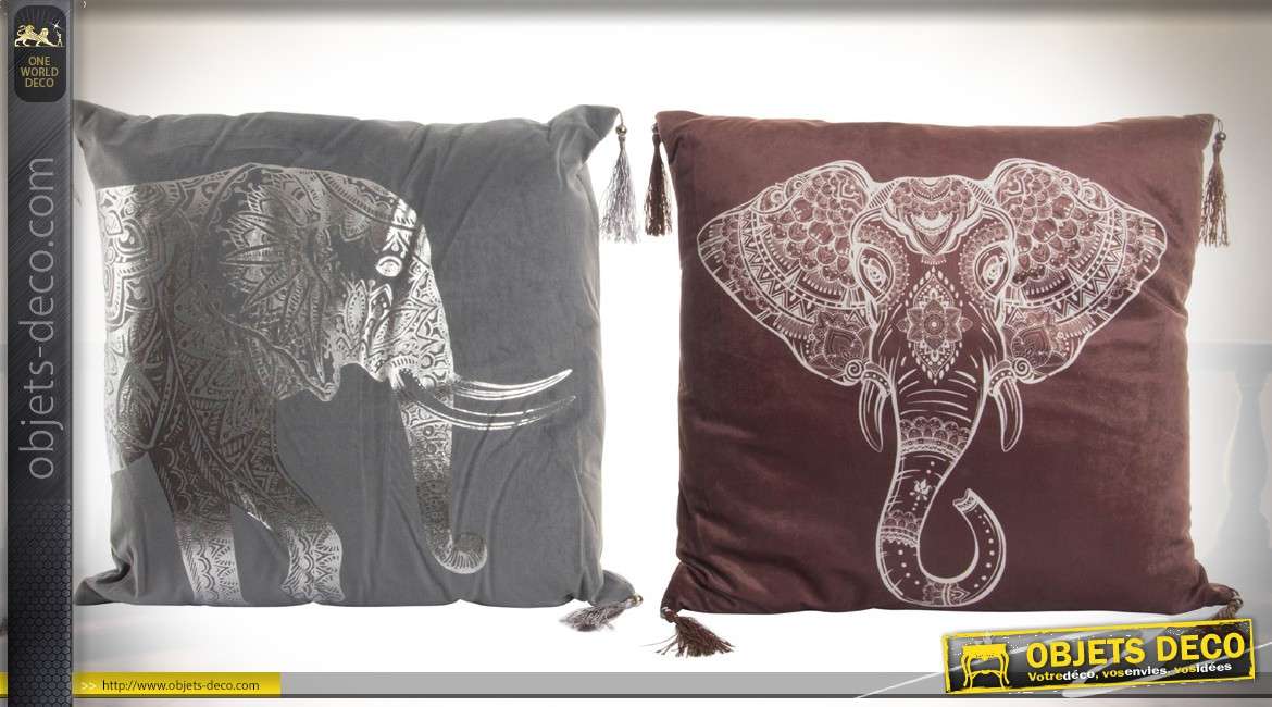 Duo de coussins décoratifs : motifs éléphants, style broderie indienne 45 x 45 cm