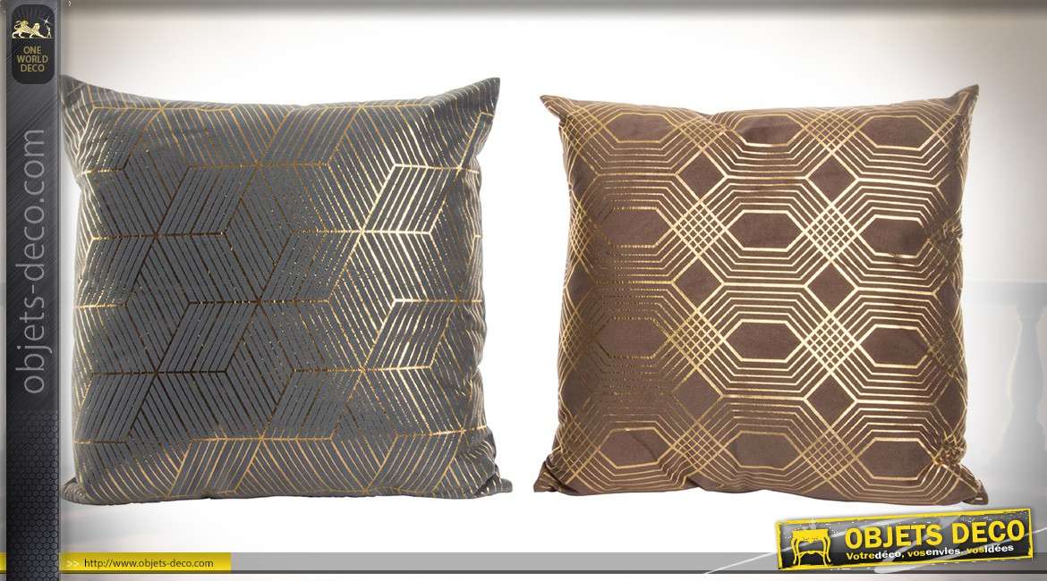 Duo de coussins marron et gris anthracite à motifs géométrique aspect métal doré