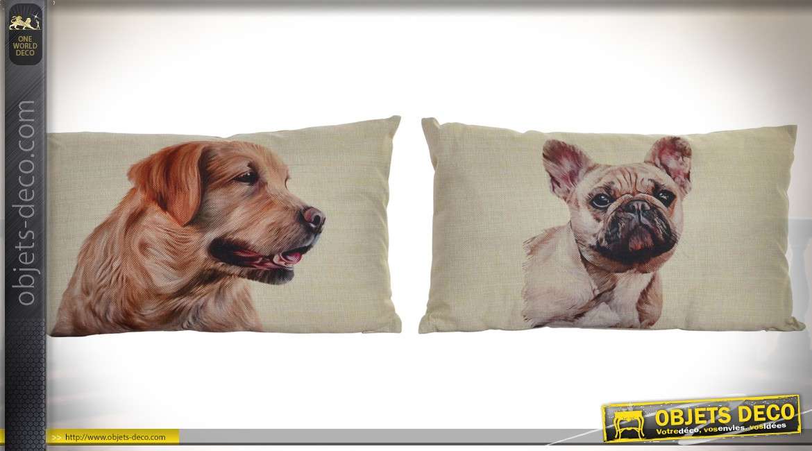 Série de 2 coussins rectangulaires 50 x 30 cm en coton et lin : thème chiens
