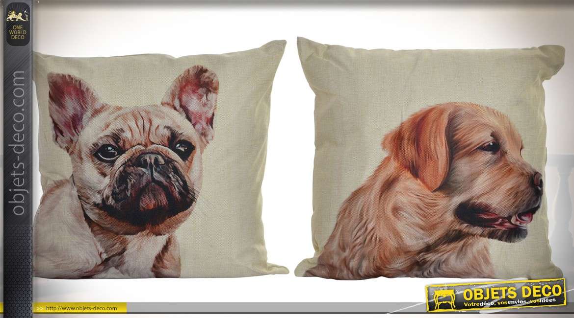 2 grands coussins en coton et lin en 50 x 50 cm avec illustrations chiens