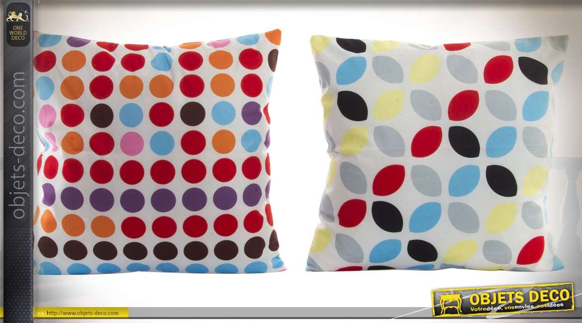 Duo de coussins complets housses en microfibres motifs à pois multicolores