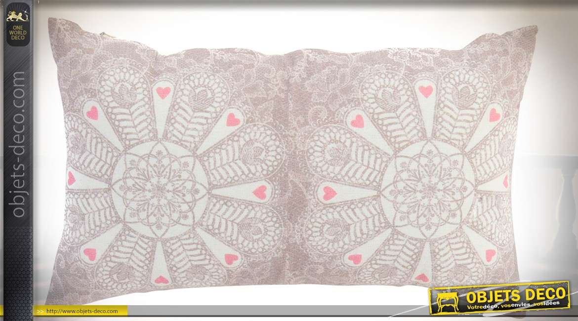 Lot de 4 coussins rectangulaires en lin, à motifs mandalas gris et rose 50 x 30 cm