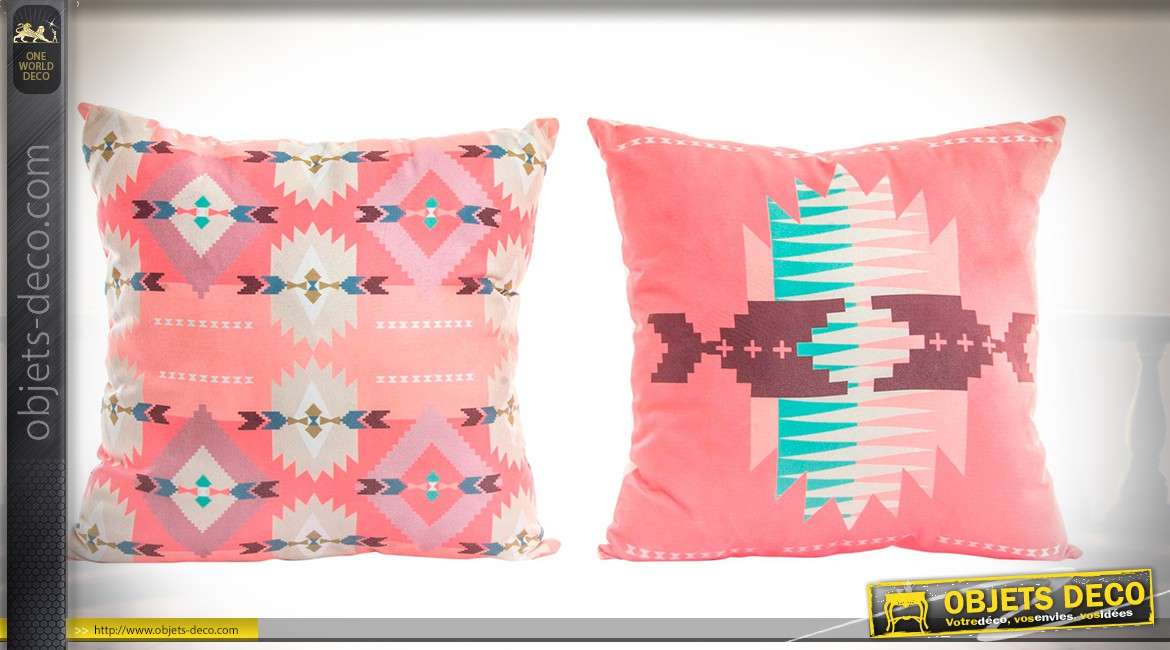 Duo de coussins tissu coton suédé coloris rose à motifs ethniques originaux