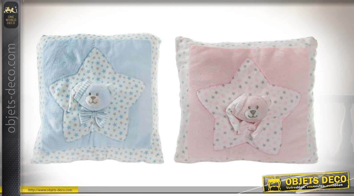 Série de 2 coussins décoratifs style chambre de bébé : rose pâle et bleu clair.