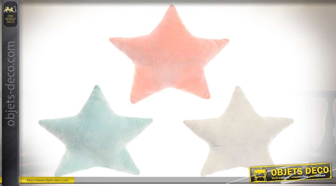 Série de 3 coussins en étoiles, en microfibre coloris saumon, ivoire et givré Ø 48 cm