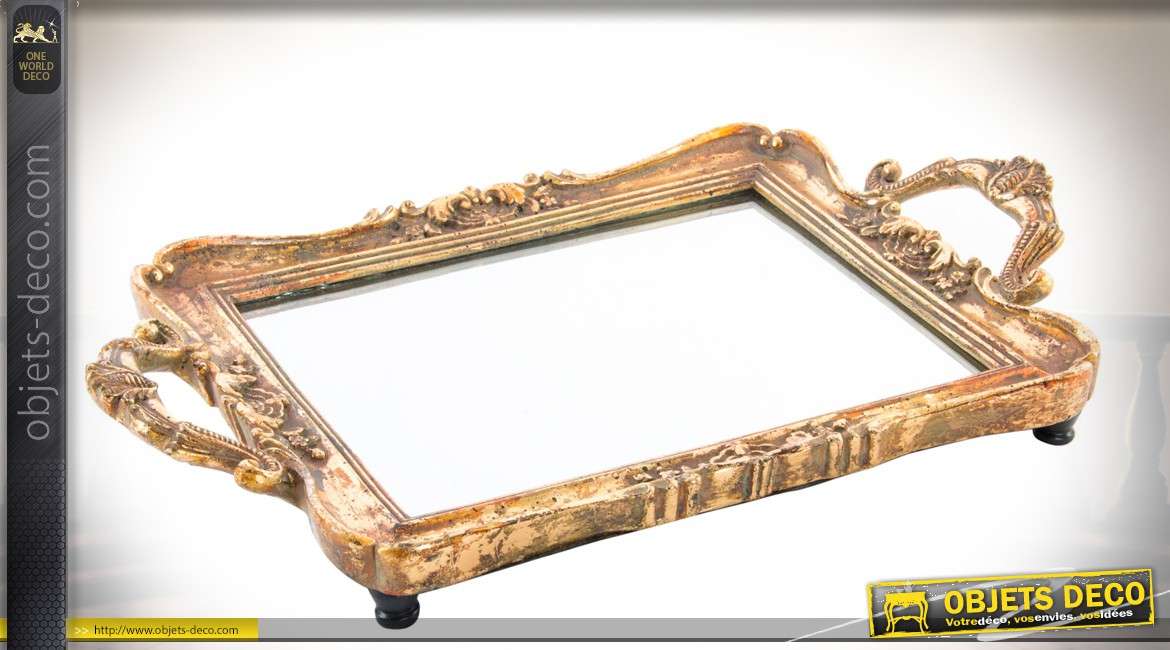 Plateau décoratif doré de style baroque en résine et  miroir 38 cm
