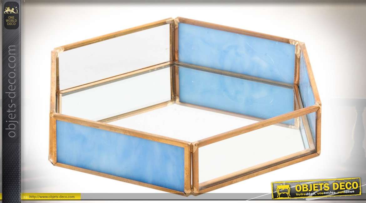 Plateau hexagonal en verre et métal de style Art Déco coloris doré et bleu ciel