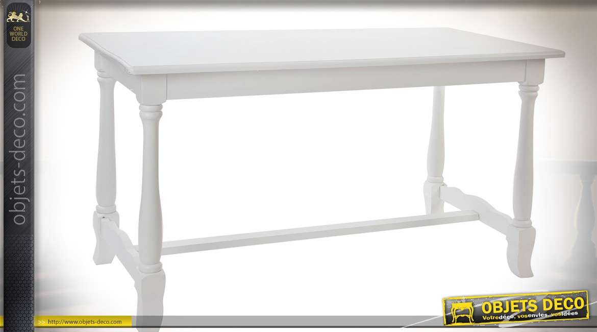 Table blanche en bois, style rétro, pieds tournés et entretoise 146 x 70 cm