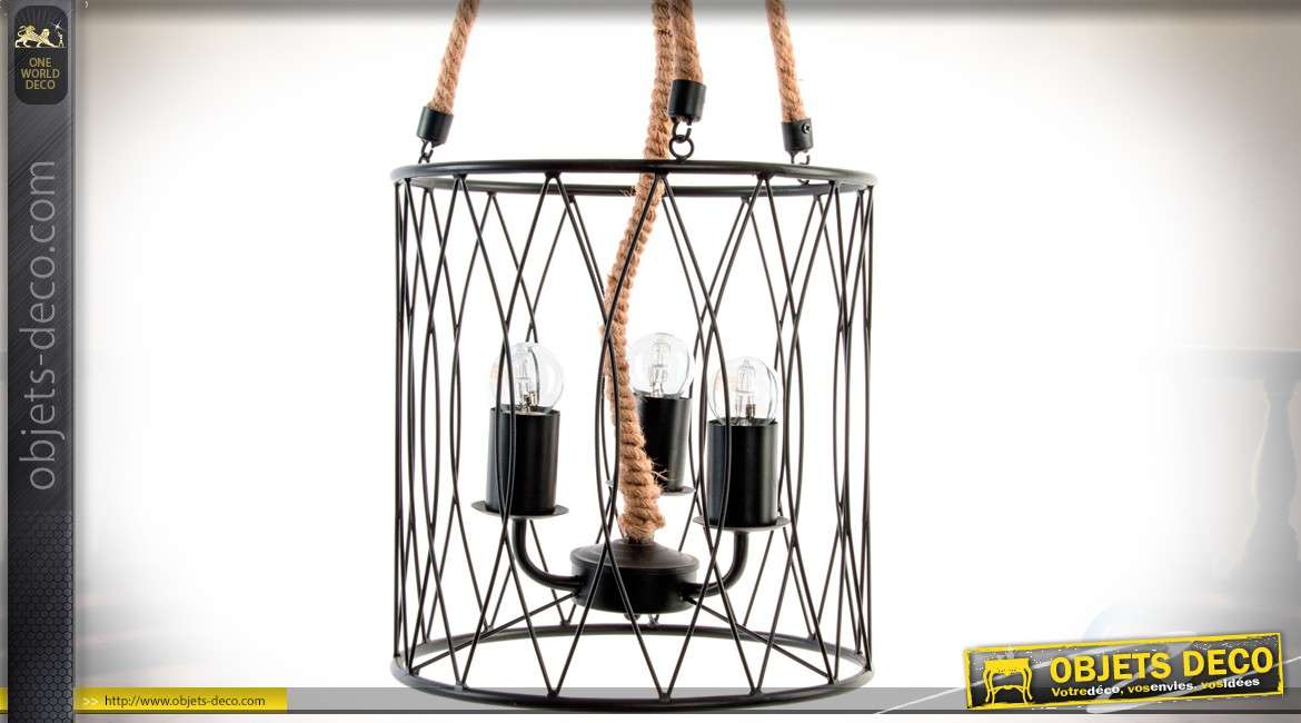 Suspension cage circulaire en métal noire 3 feux et cordages Ø 30 cm