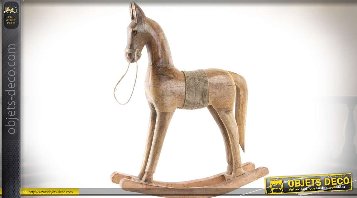 Objet déco rétro cheval de bois à bascule en bois sculpté et cordage 55 cm
