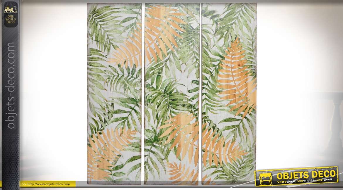 Triptyque sur bois 100 x 30 à motifs de grandes feuilles teinte verte et bois naturel