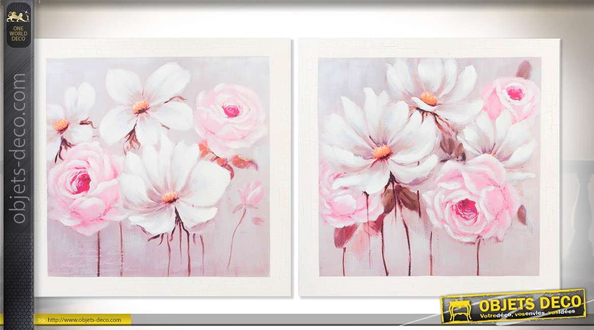 Duo de grands tableaux sur toile 100 x 100 grandes fleurs blanches et roses