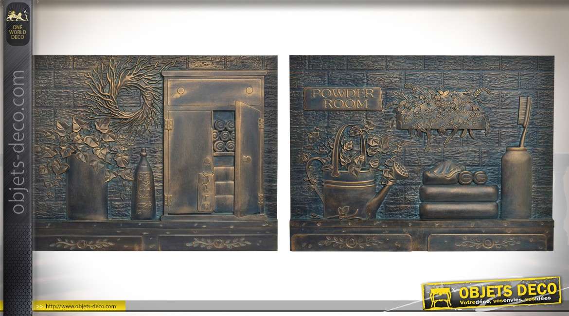Duo de plaques murales en bois sculpté à motifs rétro noir et or 80 x 60 cm