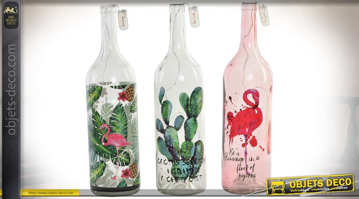 Série de 3 bouteilles luminaires d'ambiances : feuillages, cactus, flamand rose