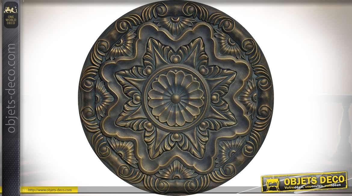 Fresque circulaire en bois sculpté patine vieux bronze doré en relief Ø 40 cm