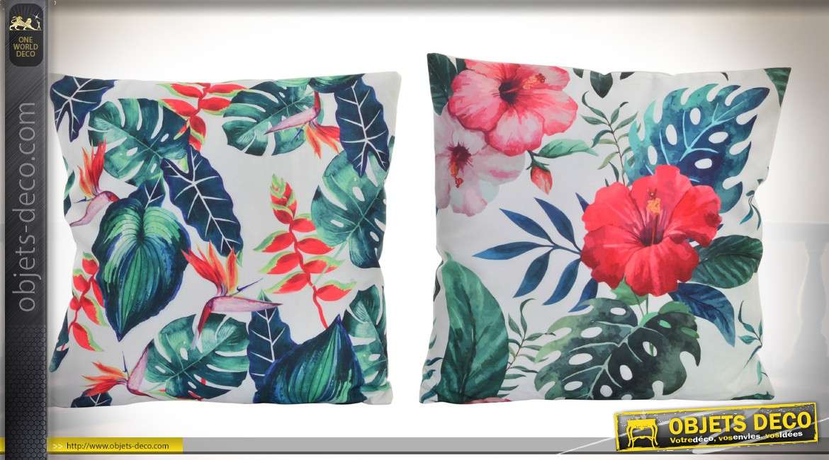 2 coussins décoratifs 45 x 45 cm à grands motifs colorés de fleurs et feuillages