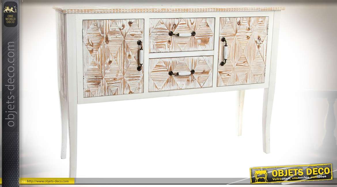 Console bois laqué blanc avec façades de portes et tiroirs gravés en losanges