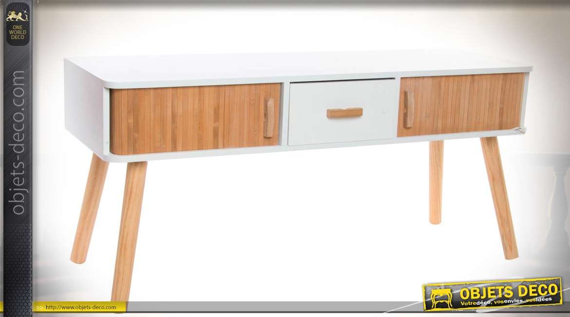 Meuble TV blanc et bois naturel à portes latérales coulissantes et tiroir central