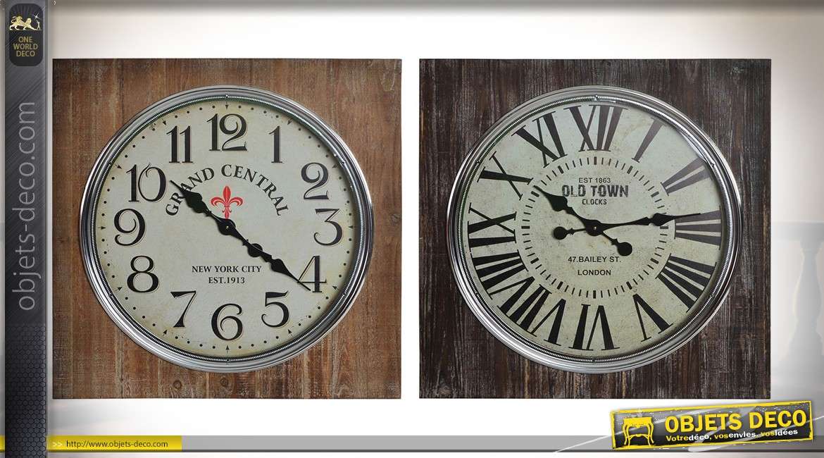 Duo d'horloges murales de style vintage en bois ciré et métal argenté 68 x 68 cm