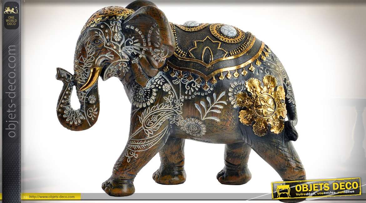 Statuette d'éléphant précieuse finition noir argent et or en ornementation 30,5 cm