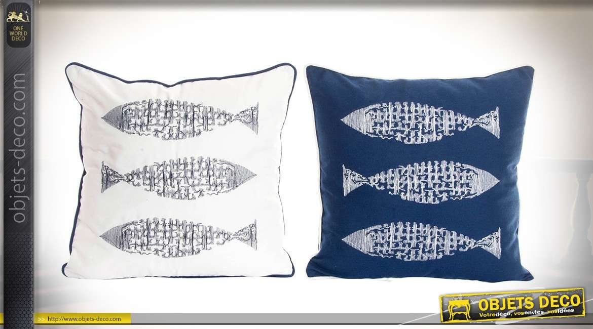 Série de 2 coussins coton et polyester thème bord de mer, blanc et bleu niuit