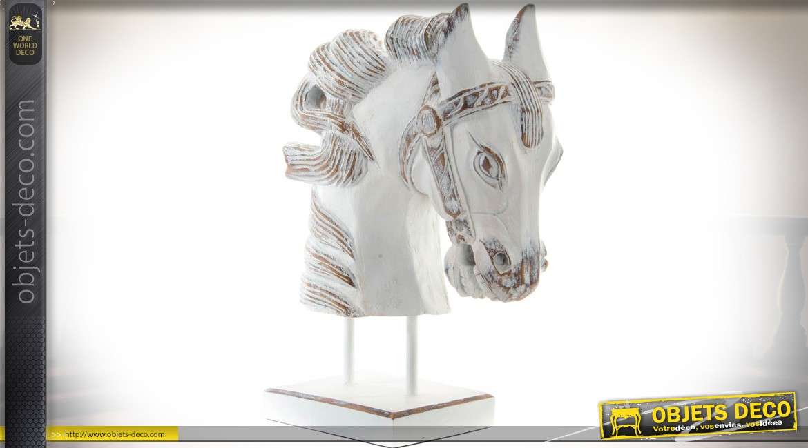 Statuette tête de cheval style asiatique sur socle, finition blanchie 44 cm