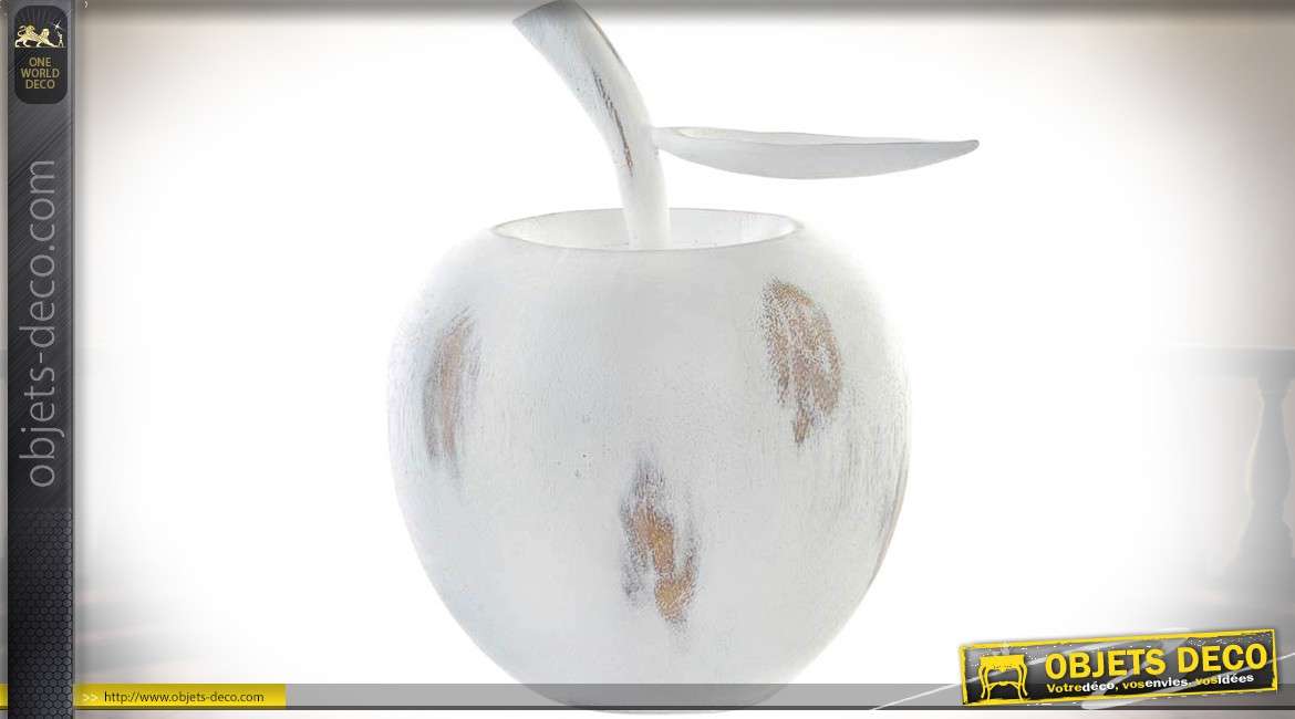 Objet déco en forme de grande pomme patine blanche vieillie 25 cm