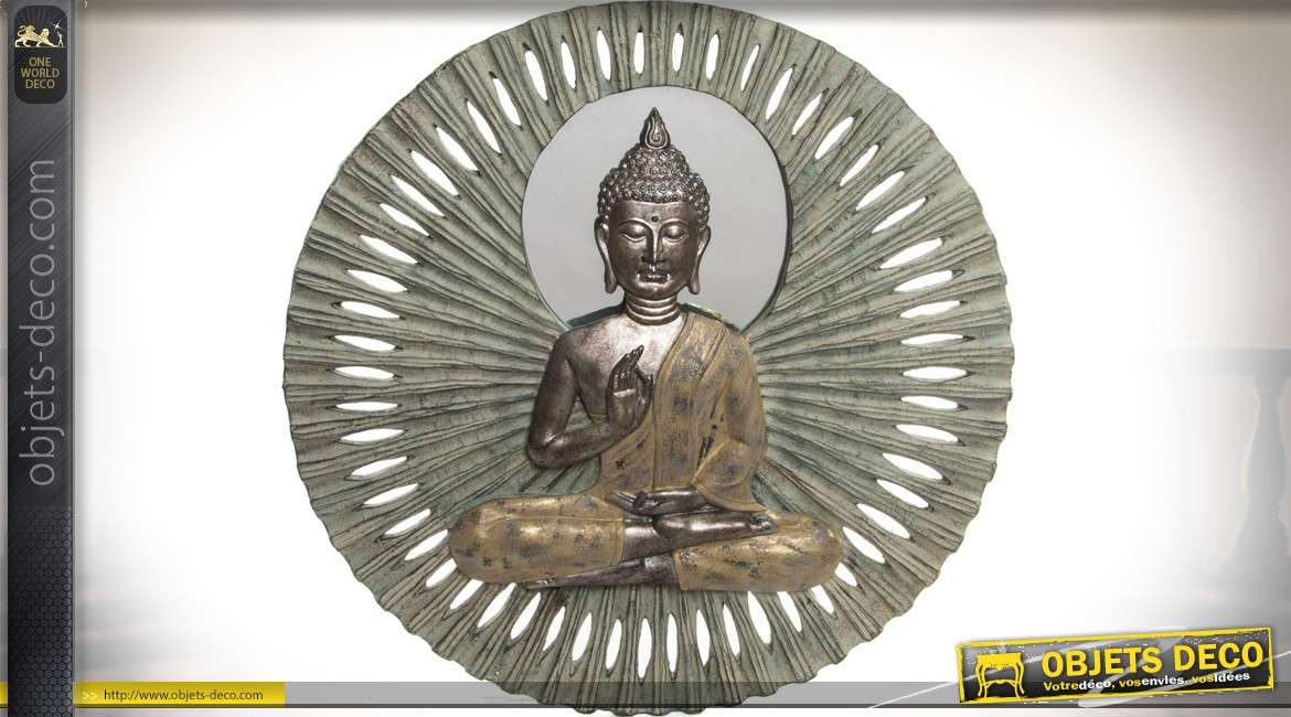 Décoration miroir orientale avec statuette de bouddha et miroir multifacettes