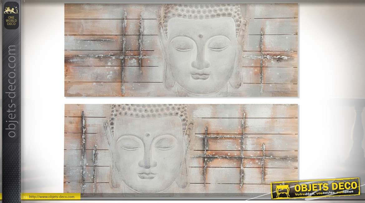 Grands tableaux têtes de bouddhas peintes sur toiles et châssis bois 150 x 60 cm