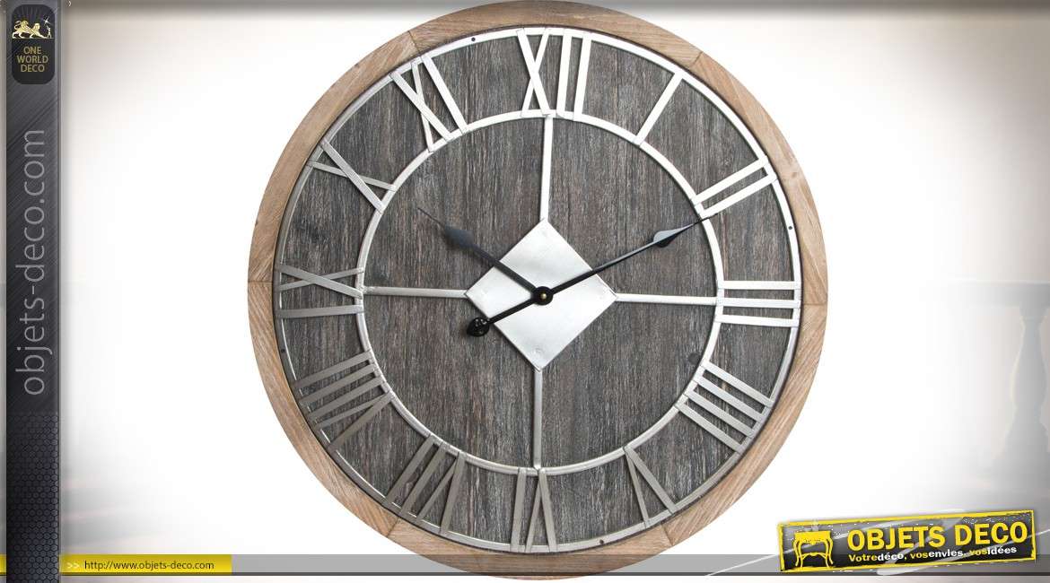 Horloge en bois et métal de style rétro et industriel Ø 70 cm