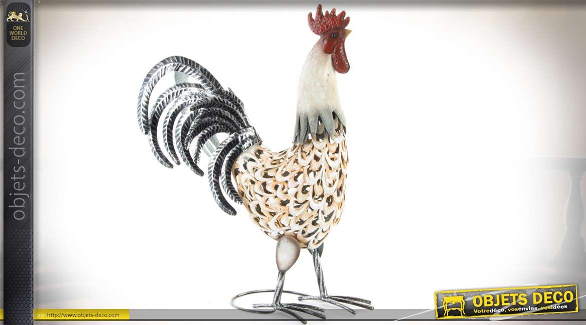 Coq décoratif en métal, coloris blanc et argent 46 cm