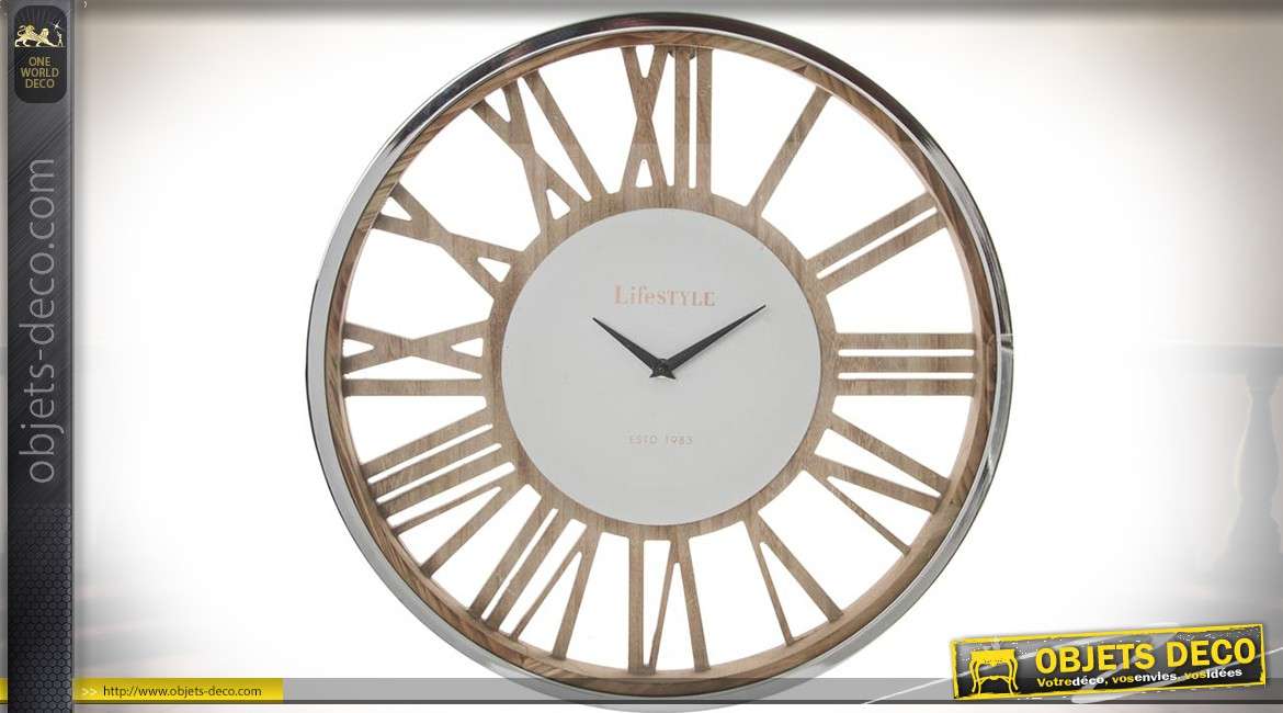 Horloge design industriel en bois et métal chromé à chiffres romains Ø 48 cm