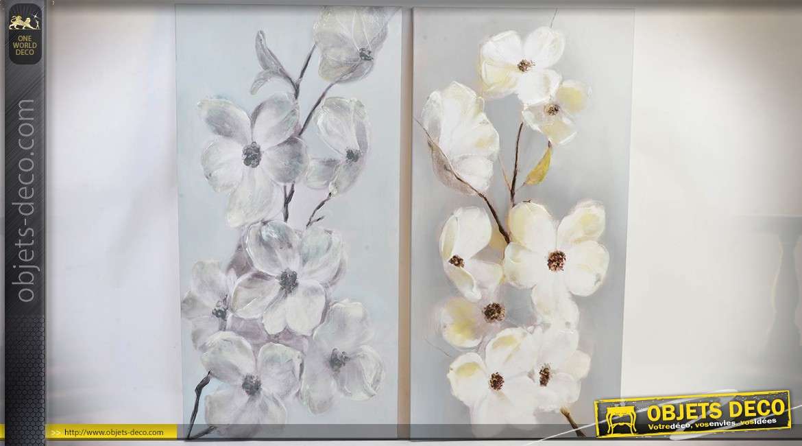 Tableaux sur toile verticaux : grandes fleurs blanche et gris cendré 120 x 60 cm