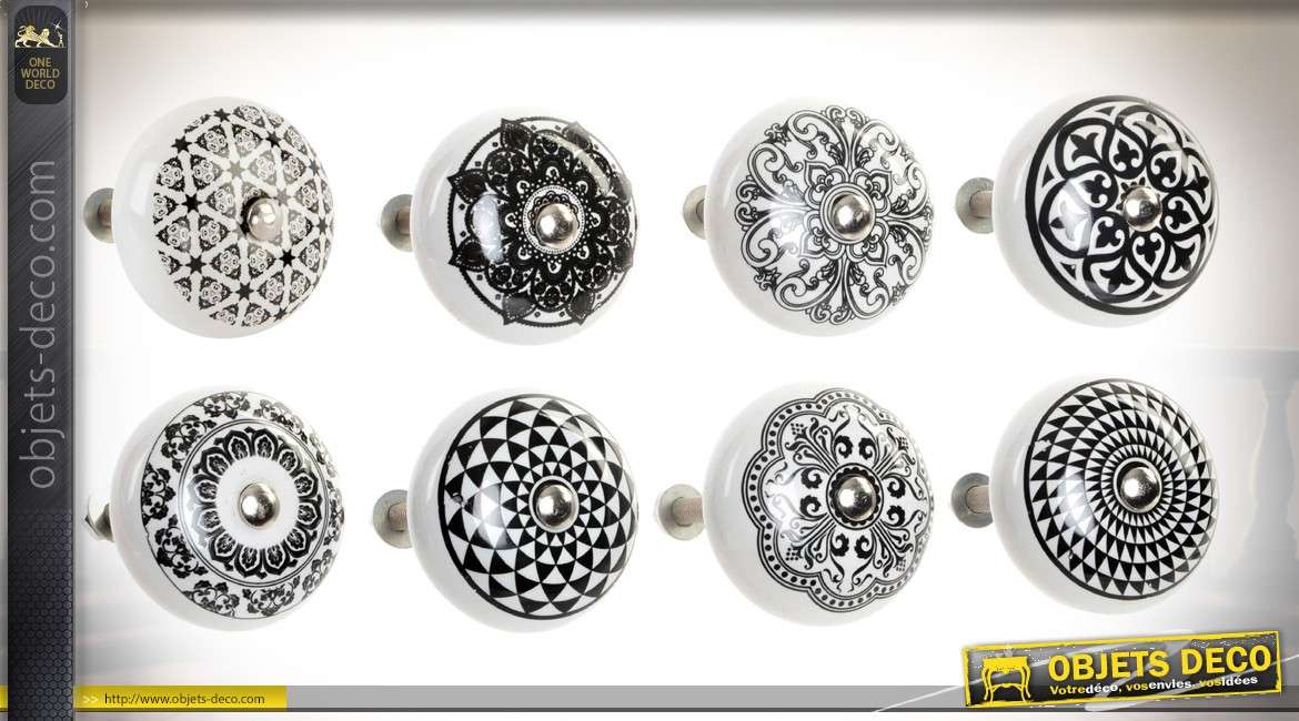Lot de 24 boutons de portes et tiroirs en céramique à motifs noir et blanc Ø 4 cm