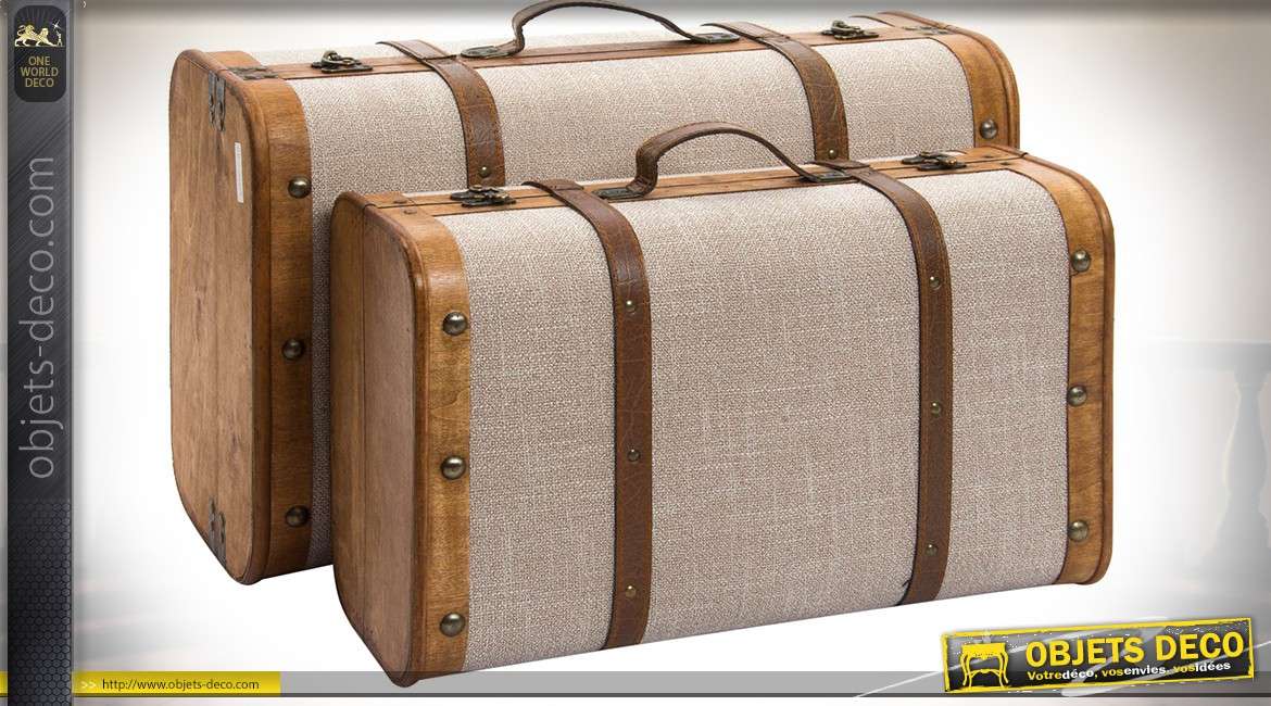 Set de 2 valises décoratives et de rangement en bois ciré et toile écrue 60 x 38 cm